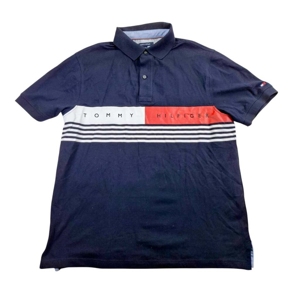 Tommy Hilfiger Polo Shirt Mens Large Tall Navy Blue Chest Striped Short Sleeve